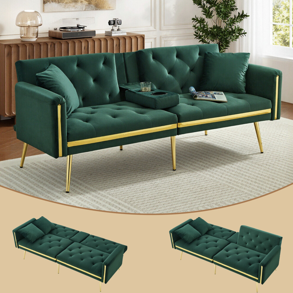 Space-Saving Two-Seater Sofa Bed with Adjustable Back Gold Accents and Integrated Cup Holders for Living Room and Bedroom-image-OPC-PMFC87H-NEW