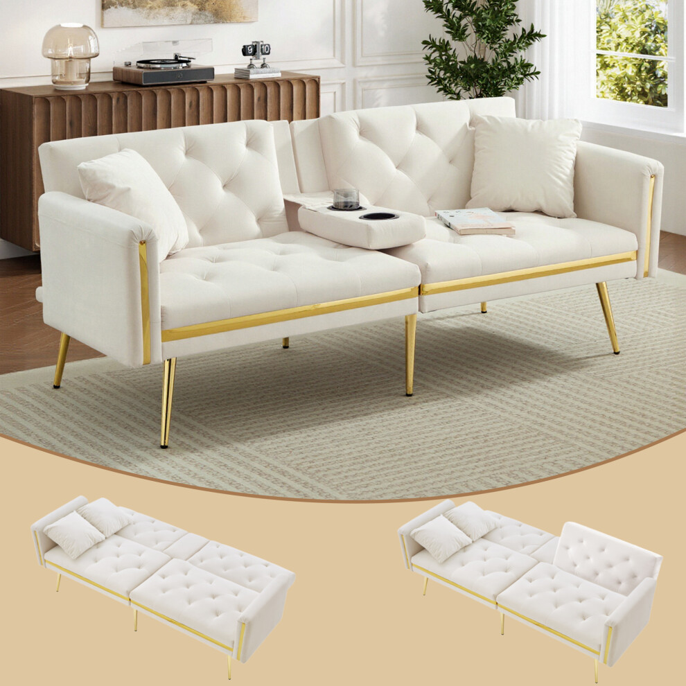 Space-Saving Two-Seater Sofa Bed with Adjustable Backrest Gold Details & Cup Holders Convertible for Living Room or Bedroom Use-image-OPC-PMFC9HC-NEW