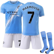 Manchester City Heimtrikot für Kinder, Sportset mit Socken, Nr. 7, Marmoush L