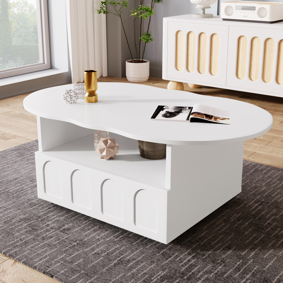 Cloud-Shaped Coffee Table with Drawer and Storage Compartments Durable Wood Contemporary Style 80cm x 40cm White Finish-image-OPC-PMFCKPF-NEW