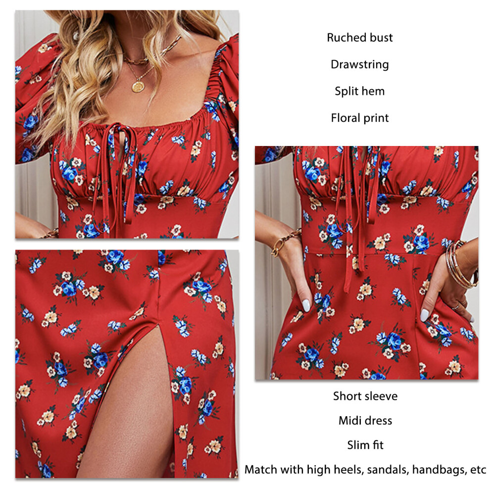 Women's Red Short Sleeve Floral Midi Dress Slim Fit, Sizes M-L