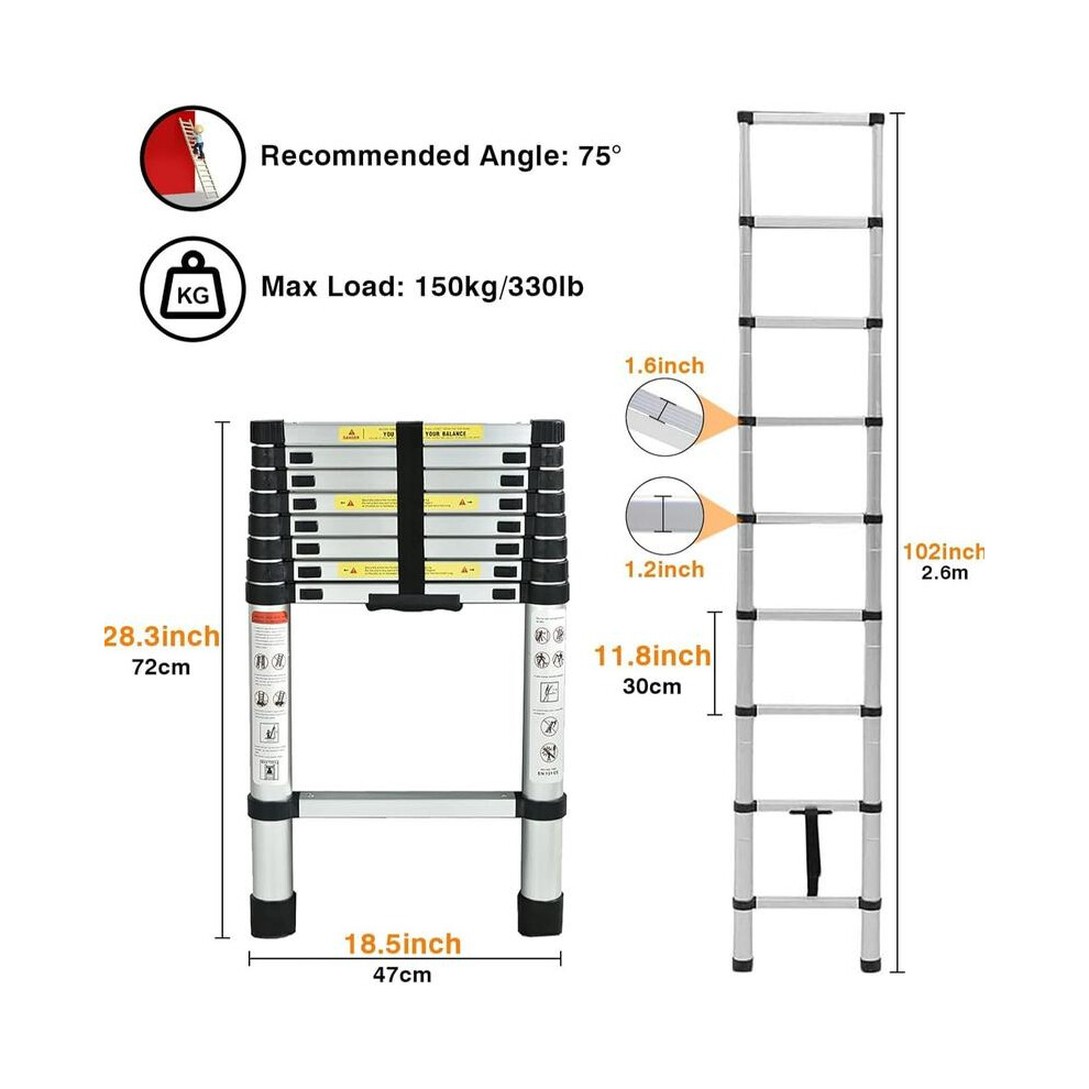 (2.6M) Telescoping Ladder Telescopic Extension Ladder With Locking Mechanism And Non-Slip Feet Multi-Purpose Collapsible Ladder 330Lb Capacity 5042208082124