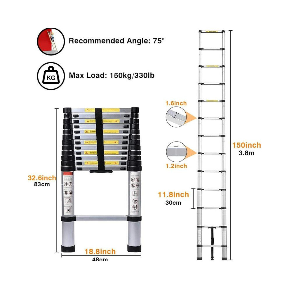 (3.8M) Telescoping Ladder Telescopic Extension Ladder With Locking Mechanism And Non-Slip Feet Multi-Purpose Collapsible Ladder 330Lb Capacity 5042208082148