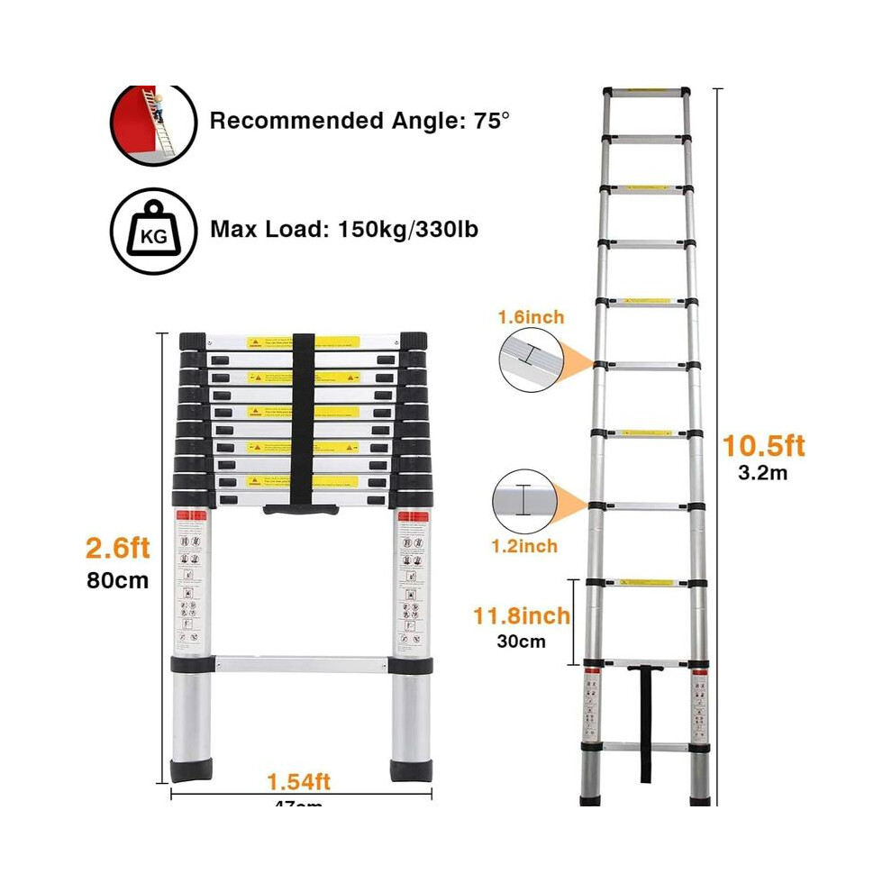 (3.2M) Telescoping Ladder Telescopic Extension Ladder With Locking Mechanism And Non-Slip Feet Multi-Purpose Collapsible Ladder 330Lb Capacity 5042208082131