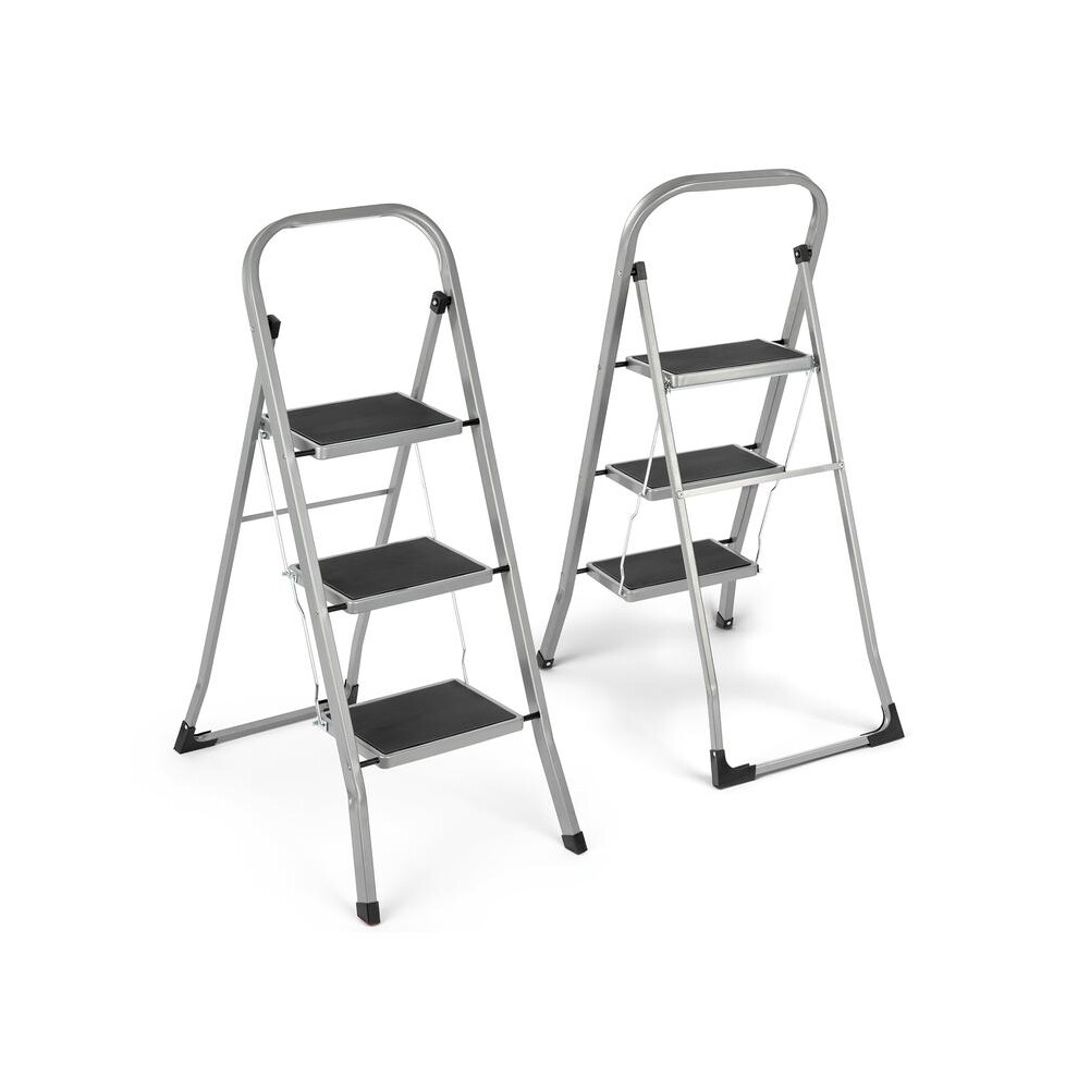 (Grey) 3 Step Ladder Portable Compact Folding Metal Non Slip Stool Heavy Duty Steel 5042208082094