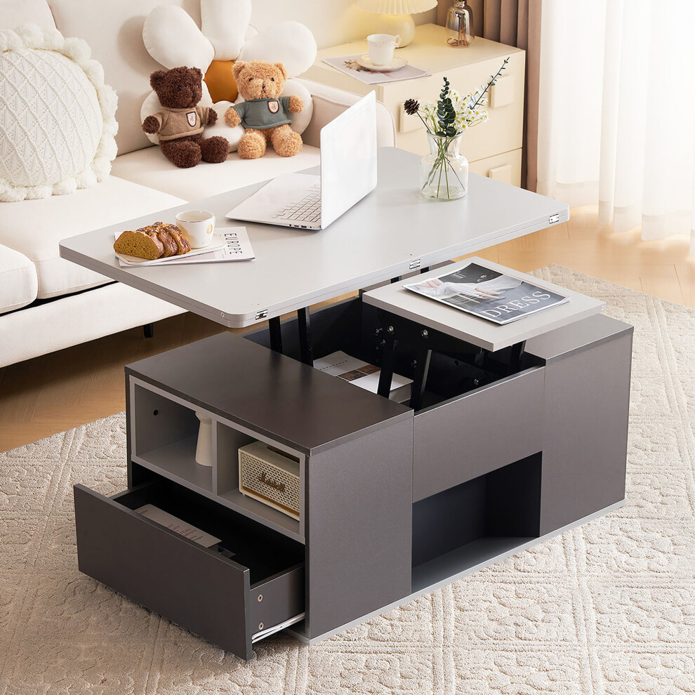 Living Room Coffee Table with Storage - Grey Lift-Top Design 2 Drawers Durable Material Multi-Functional End & Tea Table-image-OPC-PMFD5Y7-NEW