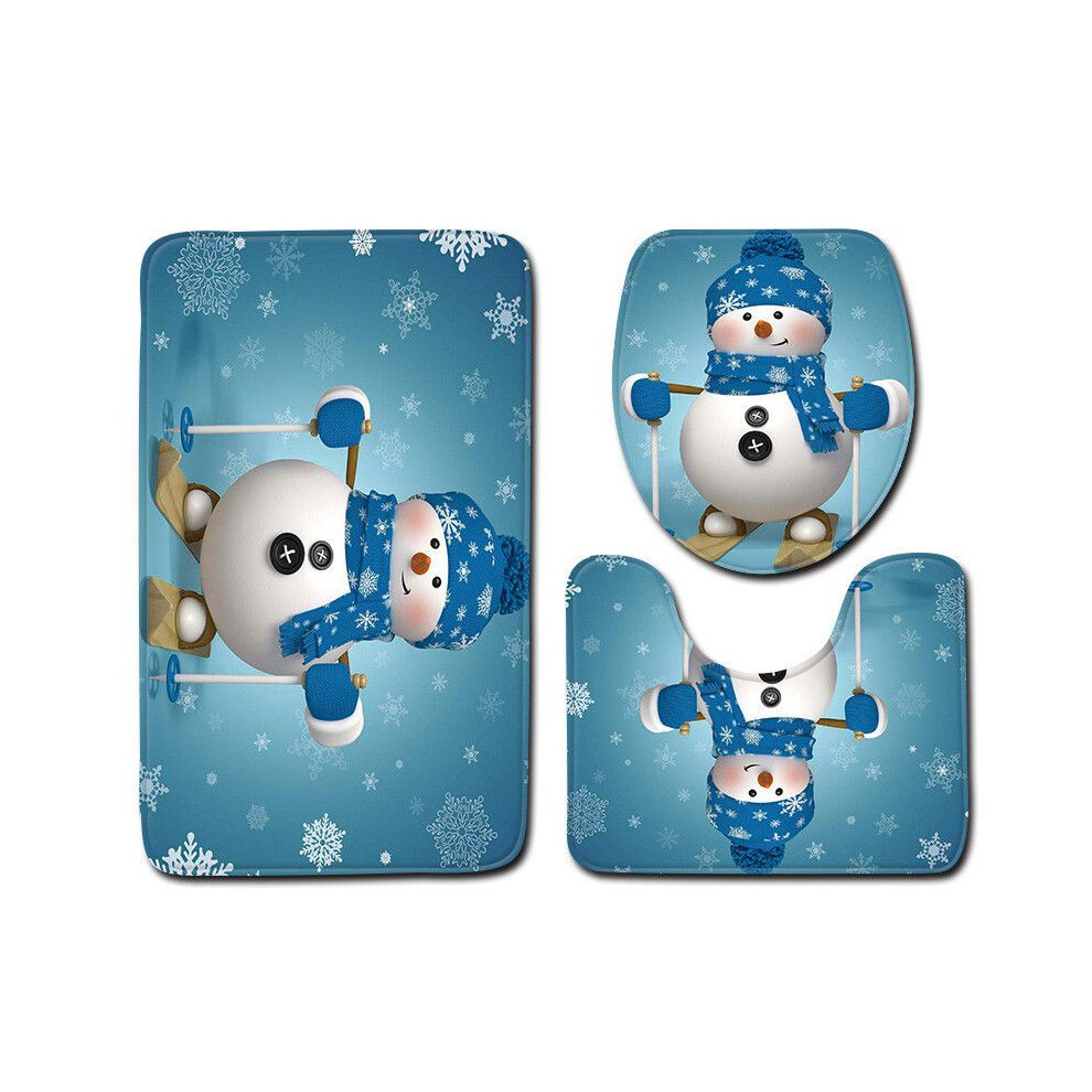 (-3Pcs-50X80cm) Christmas 4Pcs Shower Curtain Toilet Cushion Set Cover Mat Pad Xmas Bathroom Rug Blue