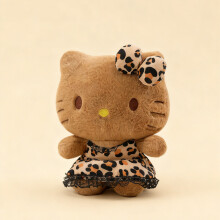 (30cm) Skinned Hello Black Kitty With Leopard Print Dress And Bow Decor For Daily Gift
