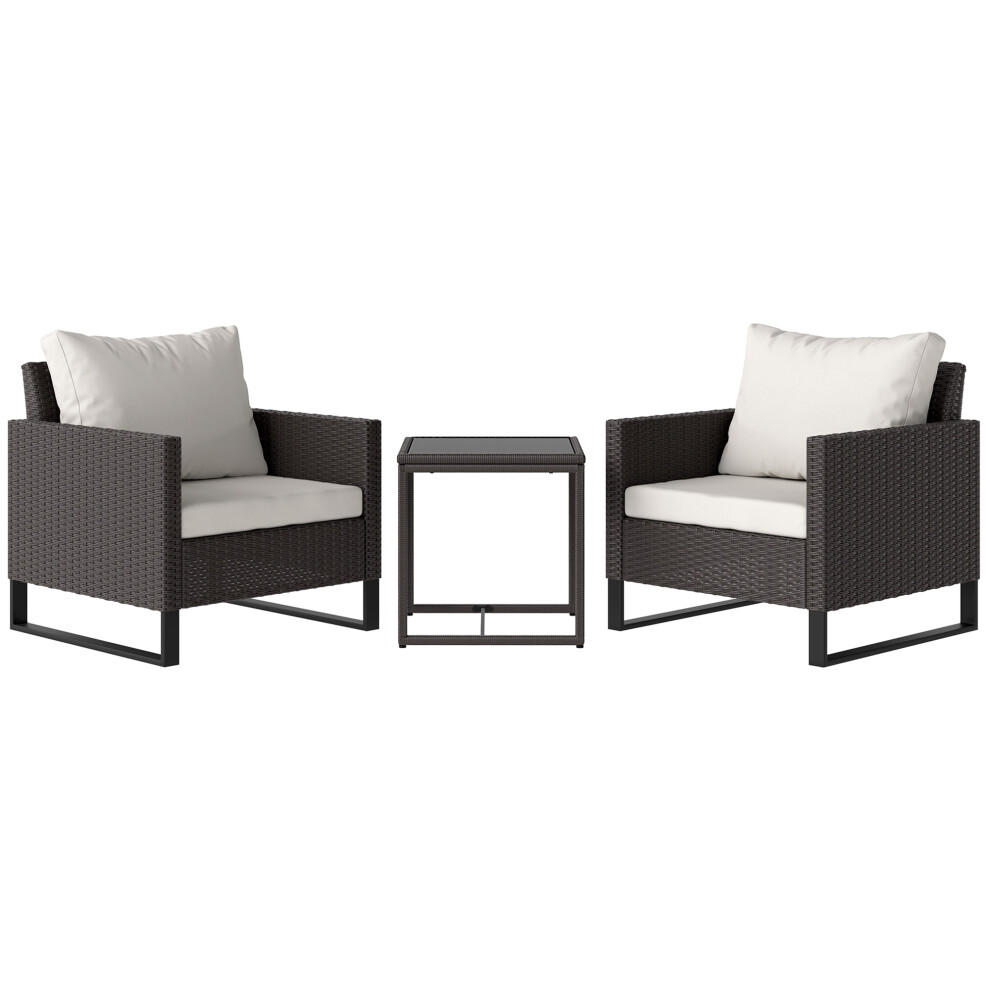 Rattan Bistro Set 3 Pieces with Glass Top Coffee Table and Cushions for Garden Patio Balcony Conservatory Brown-image-OPC-PMFFDZH-NEW