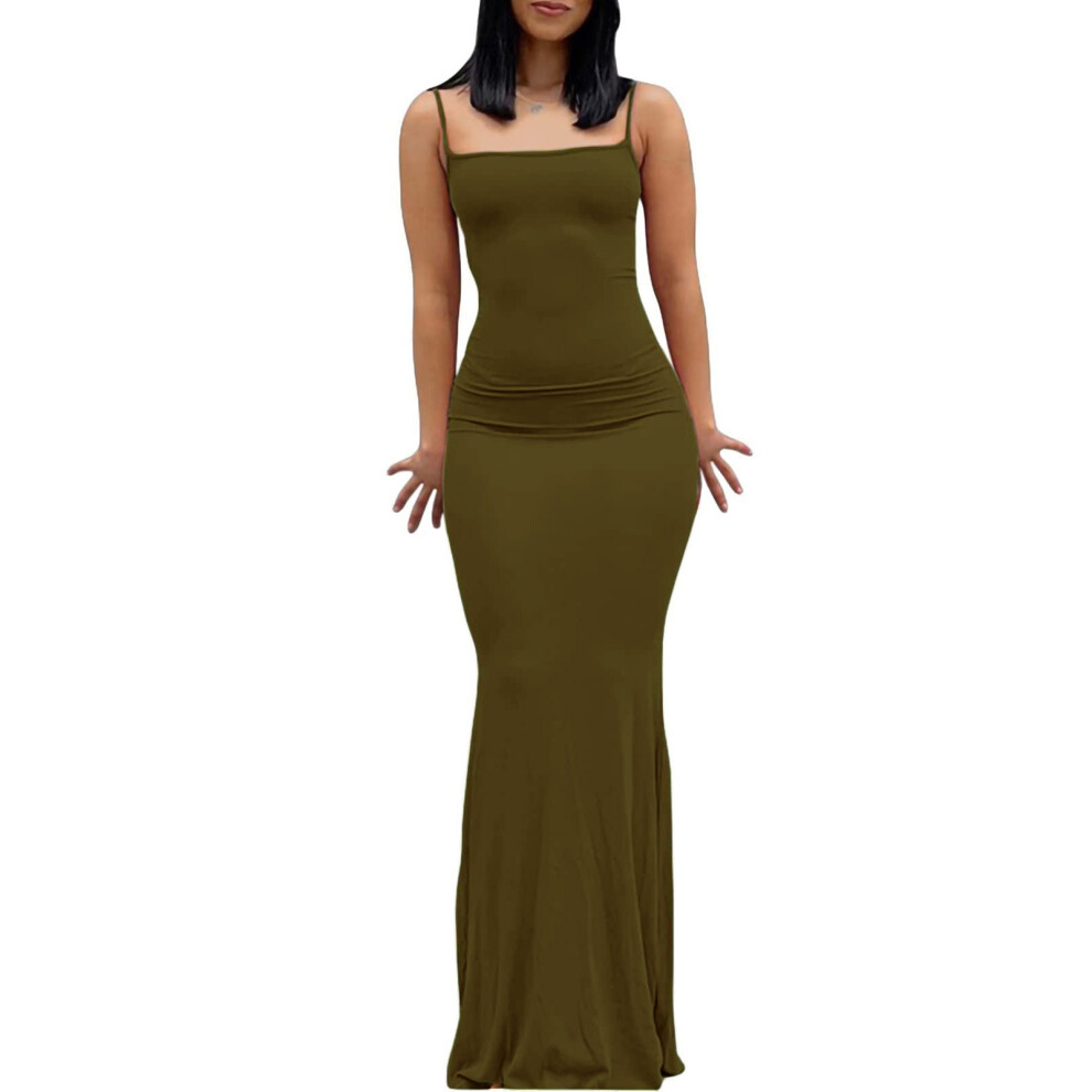 Women's OD Green Spaghetti Strap Maxi Dress Sleeveless, M-image-OPC-PMFFQWP-NEW