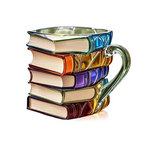 Painted Book Mug 3D Book Stack Cup Resin Material Includes Free Spoon Model Resin B Reading Coffee Cup
