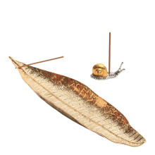 Golden Bodhi Incense Burner with Leaf Metal Design and Snail Rack
