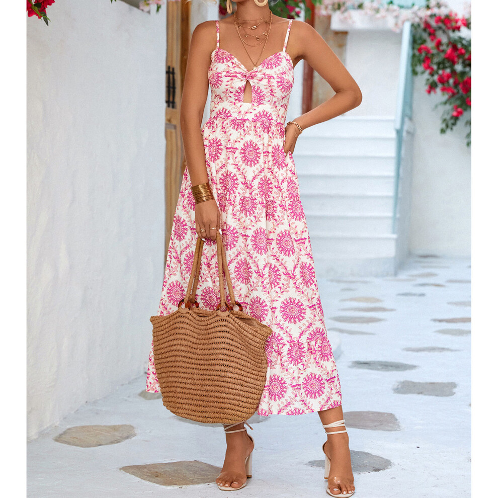 Women Print Sling Dress Casual Spaghetti Strap Wrap Rose Red S-image-OPC-PMFJPP7-NEW