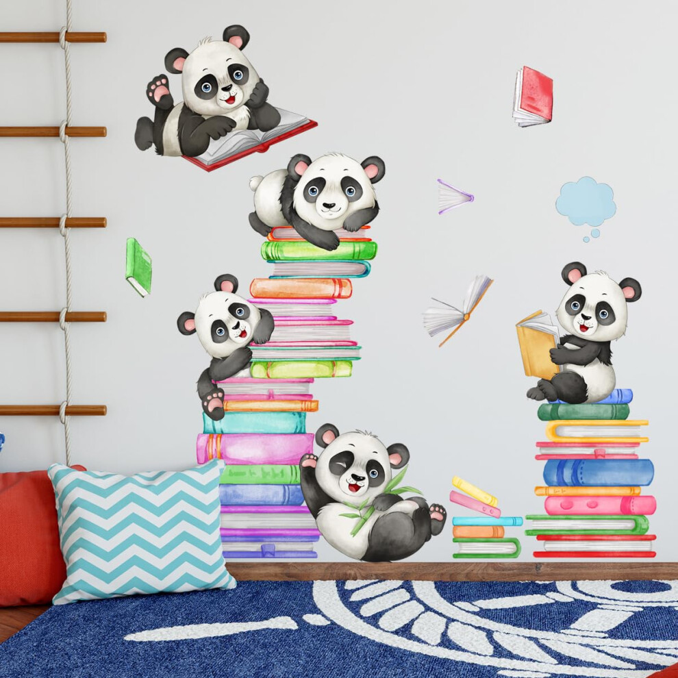 Book Panda Wall Sticker Removable Vinyl Wall Decal, Cute Panda Climbing Books For Reading Room, Kids Bedroom
