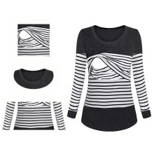 Women's Black Maternity Nursing Striped Long Sleeve Cotton Shirt