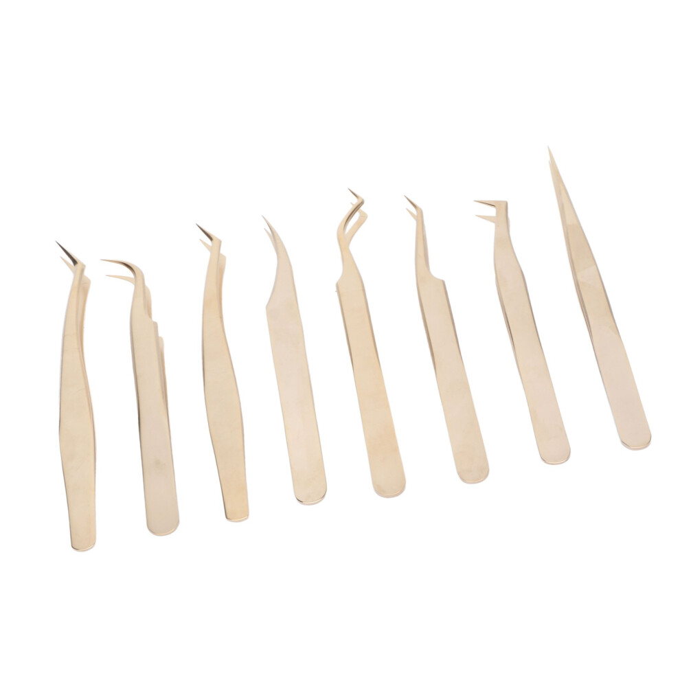 Gold 8Pcs Stainless Steel Eyelash Tweezers Set With Curved & Straight Tips