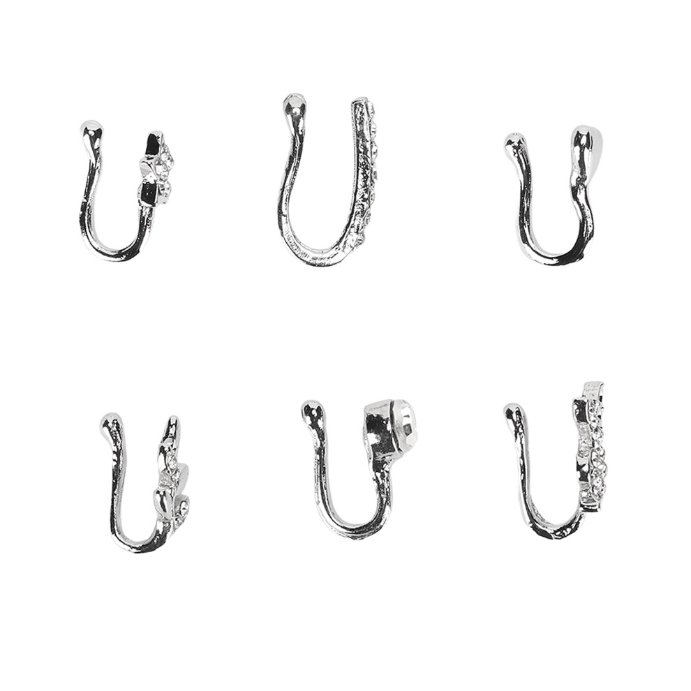 6pcs Silver Fake Nose Ring Hoop Clip On Hypoallergenic Stainless Steel