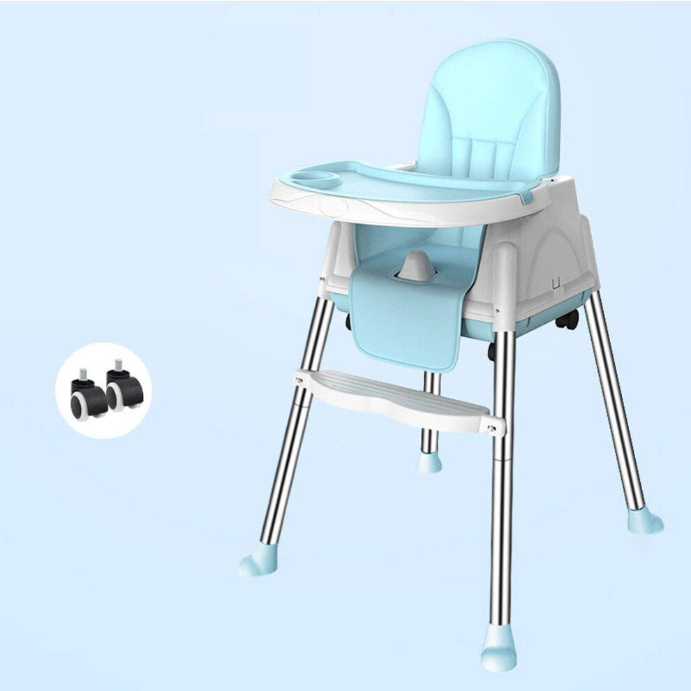 Baby Highchair Convertible Feeding Chair With Removable Double Tray, Safety Harness, Reclinable Backrest, Foldable Blue