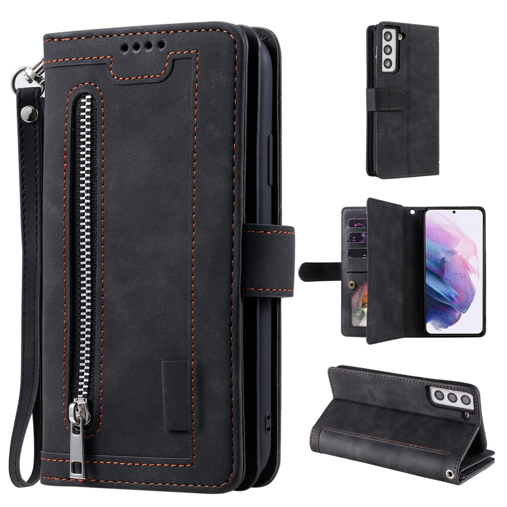 Wallet Case For Samsung Galaxy S22 5G Pu Leather With 9 Card Slots Zipper Pocket Magnetic Closure Kickstand Black 9393856608713