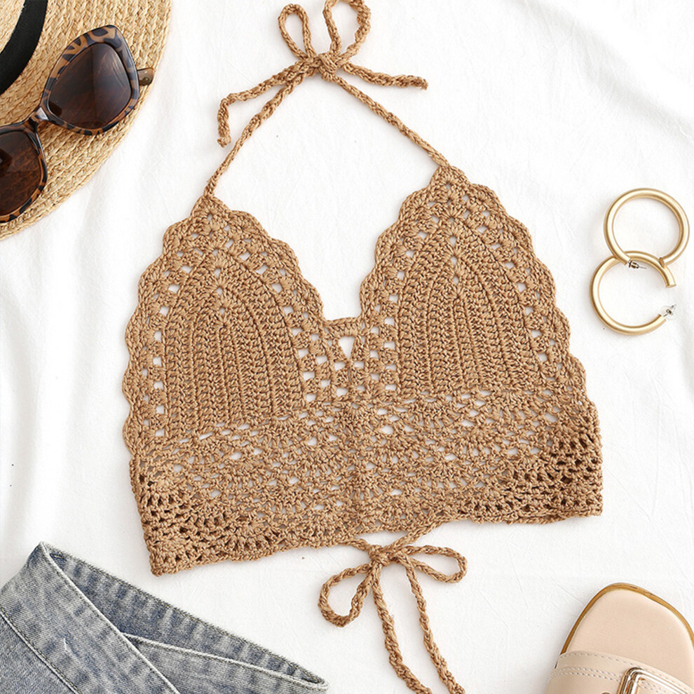 Crochet Tied V-Neck Bikini Top for Women, Khaki, L-image-OPC-PMFKNR6-NEW