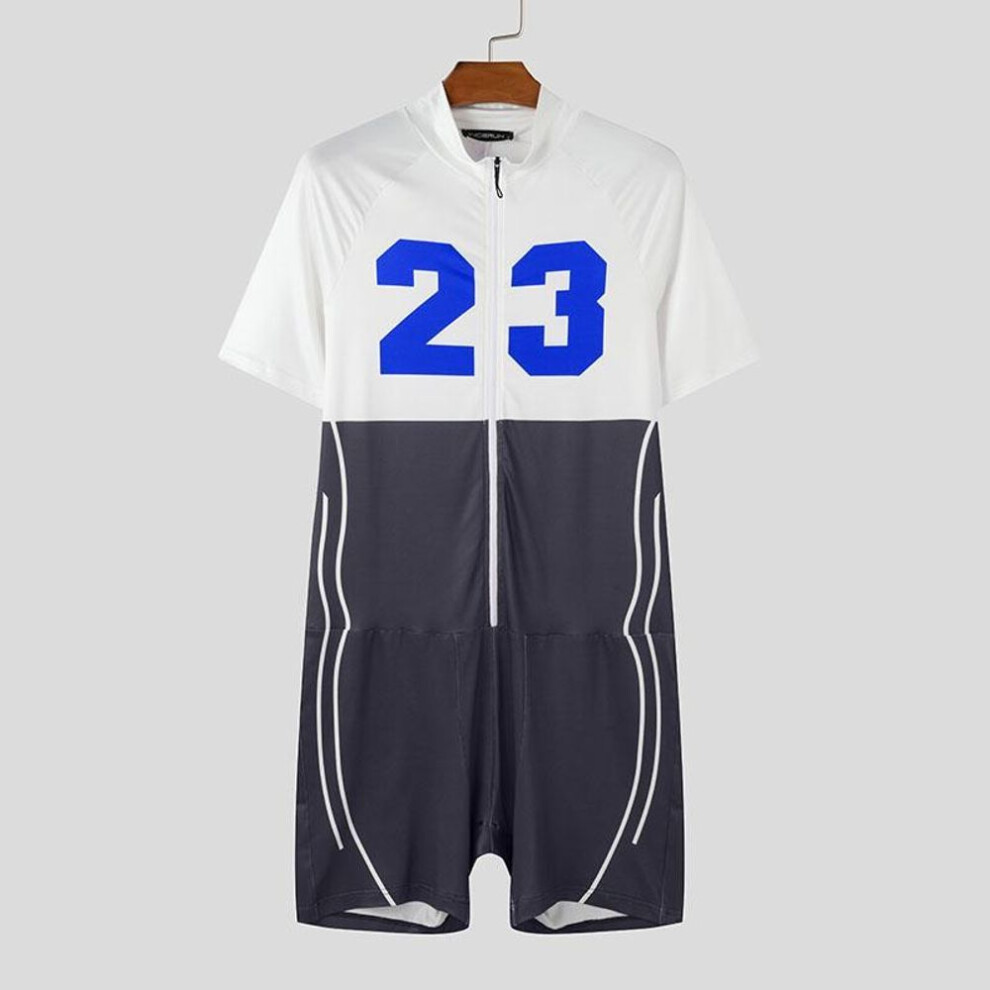 (M, blue) Incerun Men Short Sleeve Letter Print Patchwork Fitted Pajamas Jumpsuits Romper Bodysuits-image-OPC-PMFM25H-NEW
