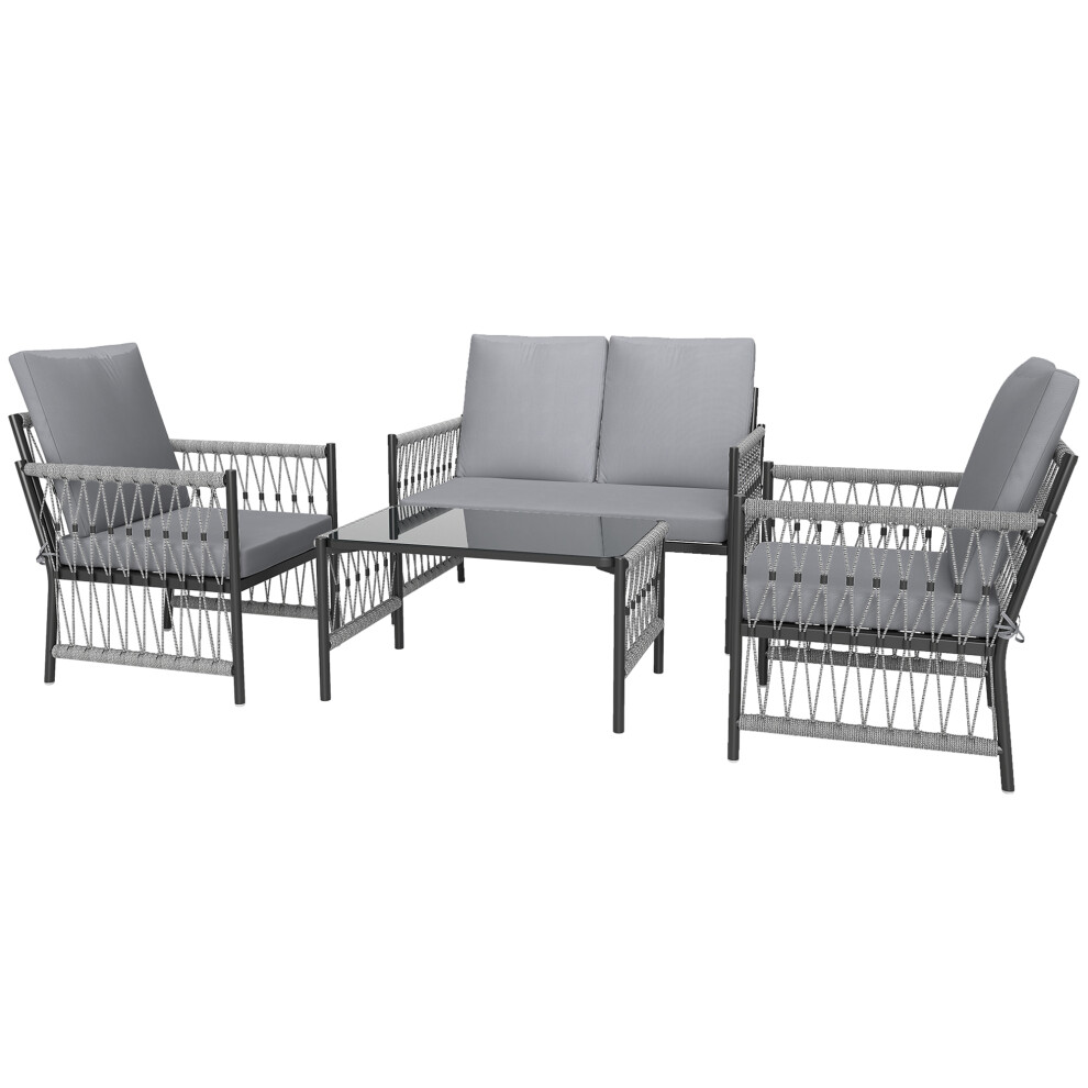 Outdoor Rattan Garden Furniture Set 4 Pieces - 4 Seater Patio Wicker Conversation Set with Cushions Coffee Table Grey Finish-image-OPC-PMFM6Q7-NEW