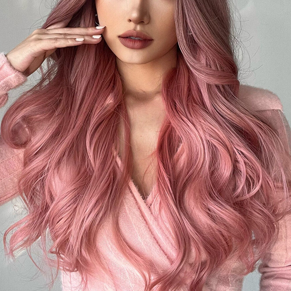 Unisex Pink Long Wavy Gradient Wig 70Cm Heat-Resistant Curly Hair