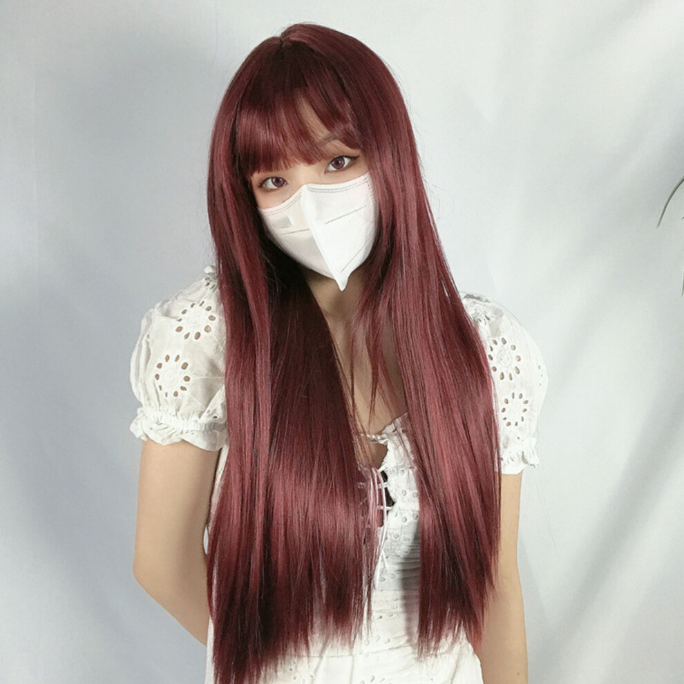Unisex Red Long Straight Wig With Blunt Bangs, Wine Chemical Fiber, 40Cm