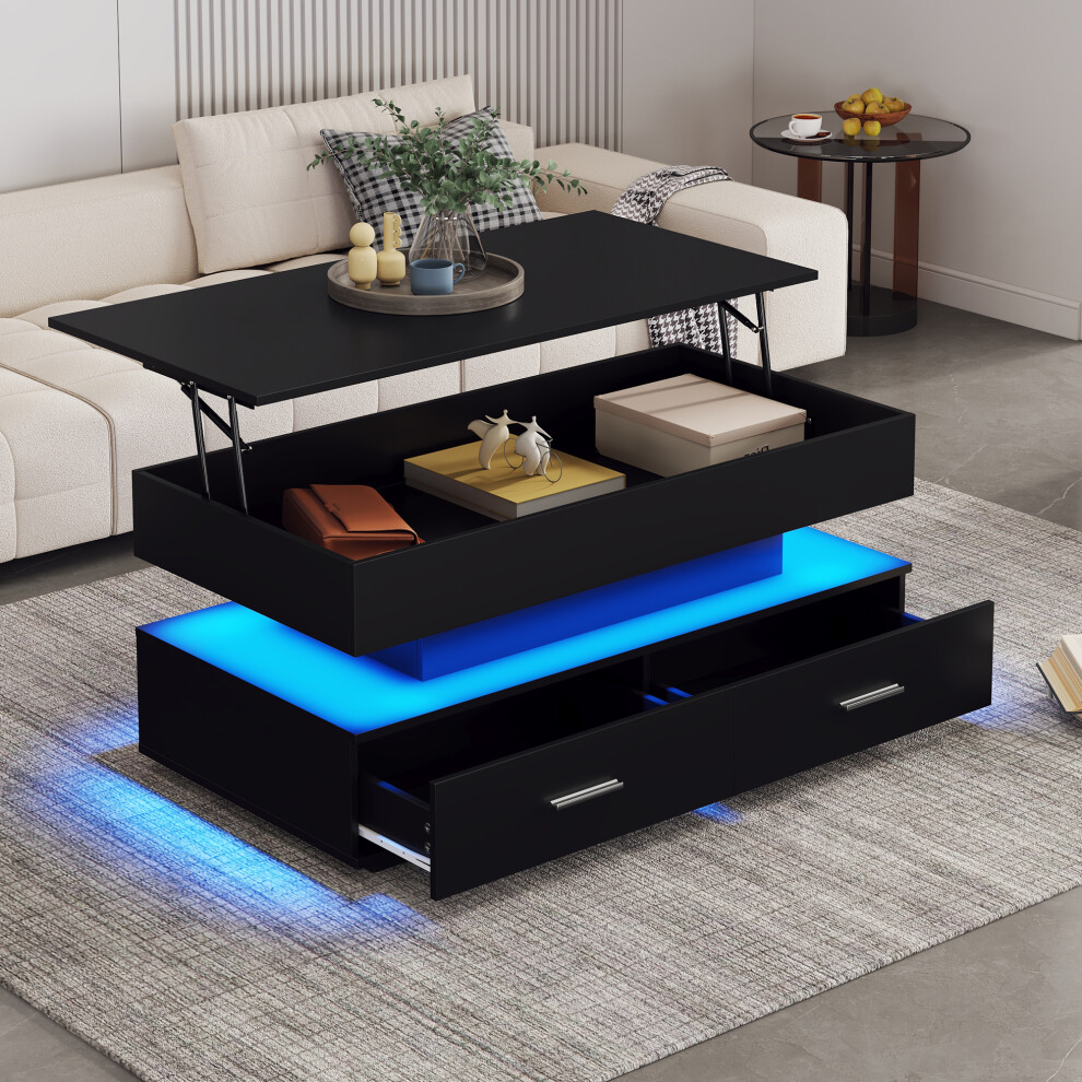Storage Coffee Table with Hydraulic Lift & LED Light Black Finish 2 Drawers Contemporary Style for Living Room & Reception-image-OPC-PMFMBTN-NEW