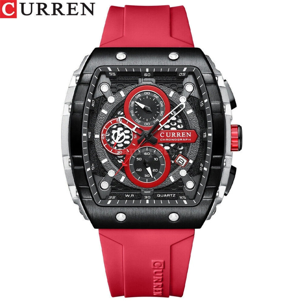 (Red) Men Curren Rectangle Watch Fashion Chronograph Wristwatch Boy Sport Watches Red 4069369202377