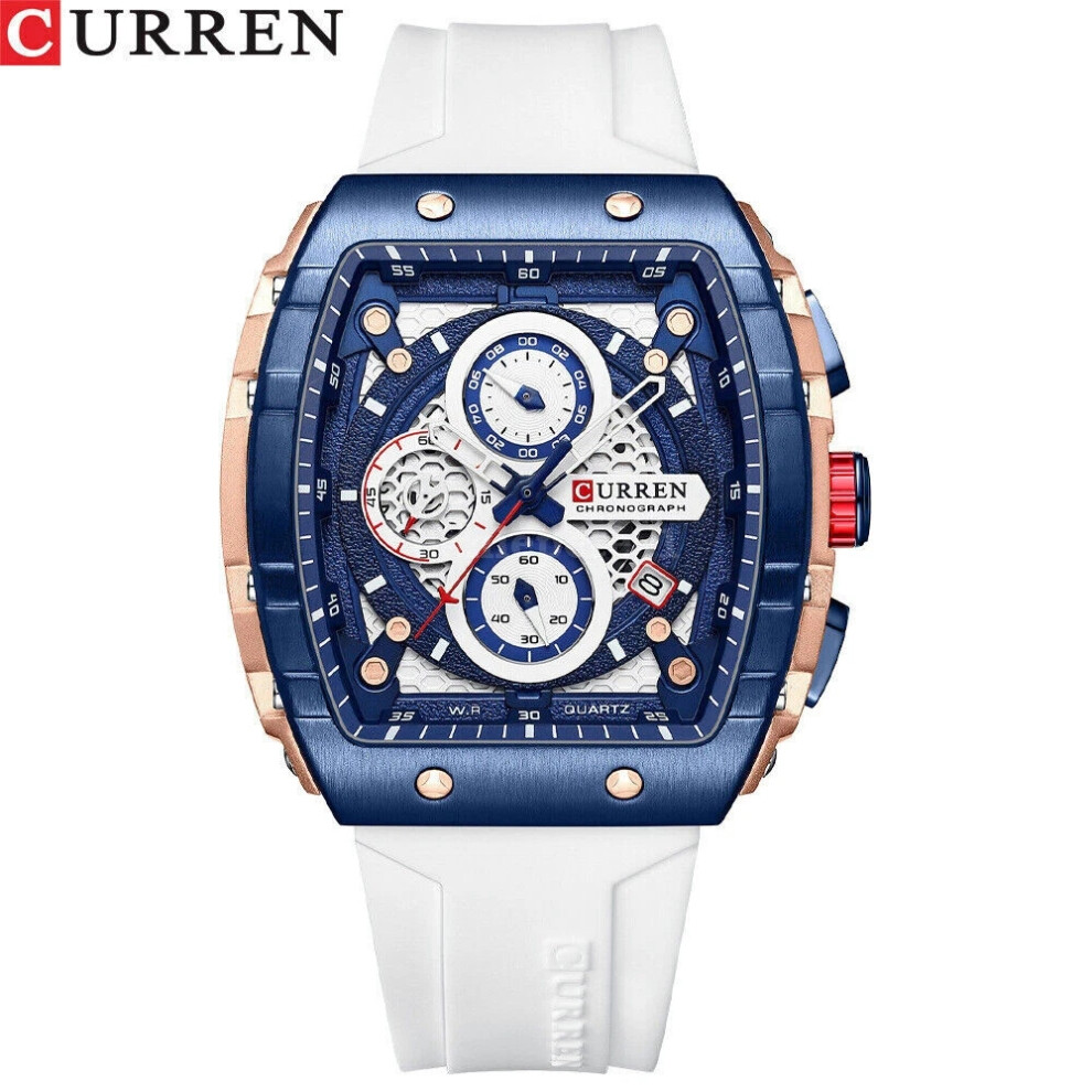 (White) Men Curren Rectangle Watch Fashion Chronograph Wristwatch Boy Sport Watches White 4069369202384