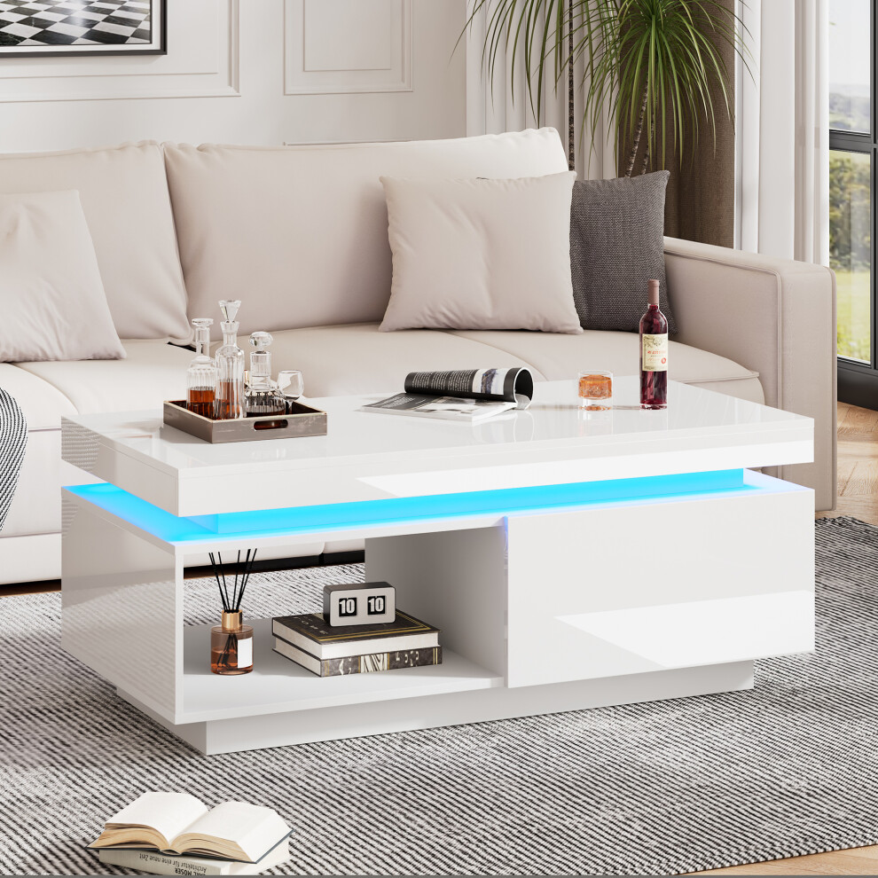 LED Coffee Table with Drawer Storage High Glossy Wooden Centre Table with RGB Light White Rectangle Living Room Furniture-image-OPC-PMFMHCS-NEW