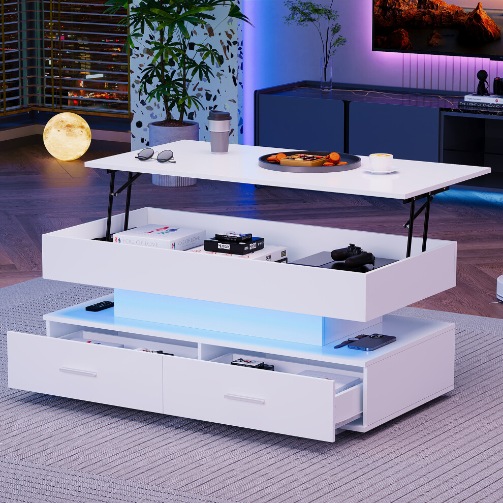 Hydraulic Lift Top Coffee Table with Storage and LED Lighting White Wood Finish 2 Drawers Modern Living Room Furniture-image-OPC-PMFMJ2W-NEW