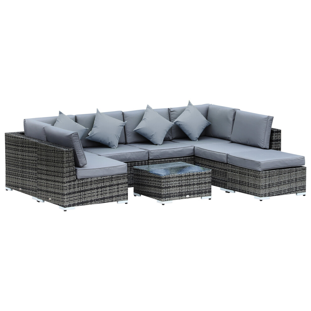Weatherproof Rattan Corner Sofa Set 8 Pieces with Cushions Grey Garden Furniture with Glass Top Table No Assembly Required-image-OPC-PMFMTF7-NEW