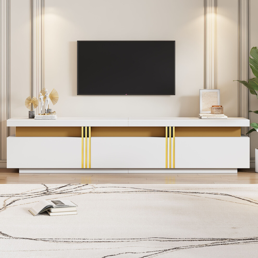 Luxury Faux Marble TV Stand with Golden Panel Design 3 Drawers for 89'' TVs Rectangular Entertainment Center in White-image-OPC-PMFMWSM-NEW