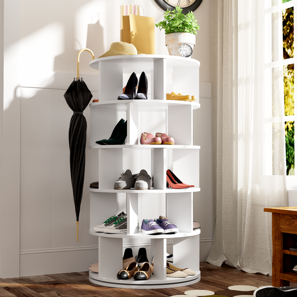 Rotatable Shoe Rack White Round 5 Tiers Adjustable Angle 115cm Height 60cm Width Space-Saving Storage Solution-image-OPC-PMFMZGW-NEW