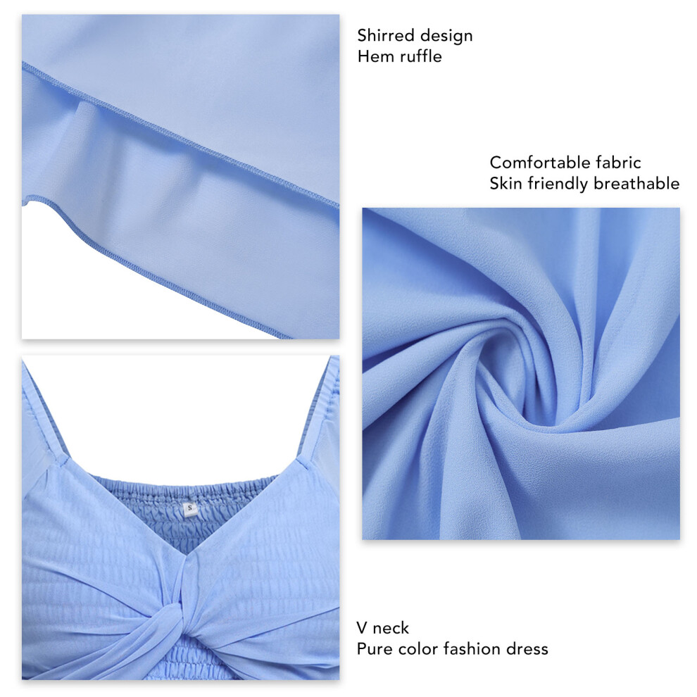 Women's Light Blue V-Neck Short Sleeve Dress XL Polyester Shirred Waist-image-OPC-PMFN27X-NEW