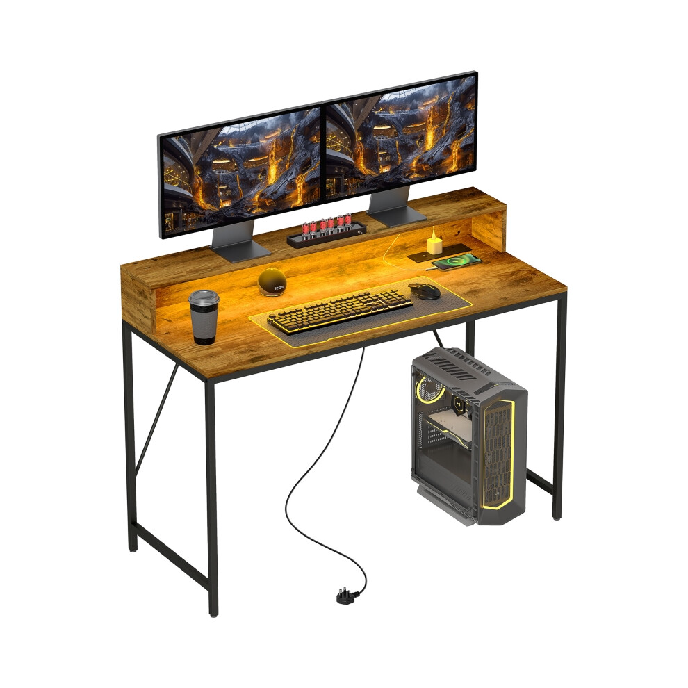 Rustic Brown 120cm Computer Desk with LED Lights Power Outlets & Monitor Stand Perfect for Study & Gaming-image-OPC-PMFN62W-NEW