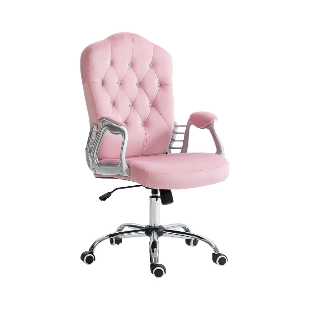 Pink Velvet-Feel Work Chair with Diamante Embellished Back Ergonomic Support Stylish & Comfortable Office Seating-image-OPC-PMFN76N-NEW