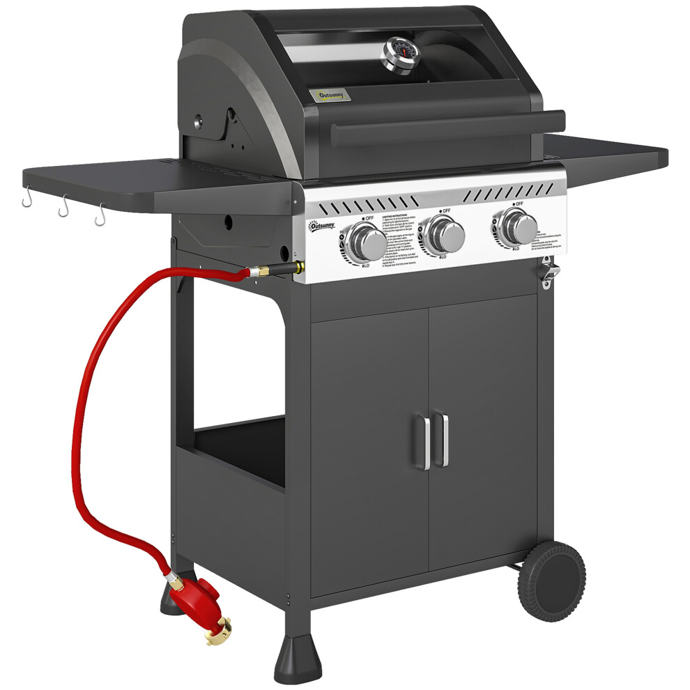 Gas BBQ Grill 7.5kW Three-Burner with See-Through Lid Black Outdoor Patio Cooking Equipment-image-OPC-PMFN8HQ-NEW