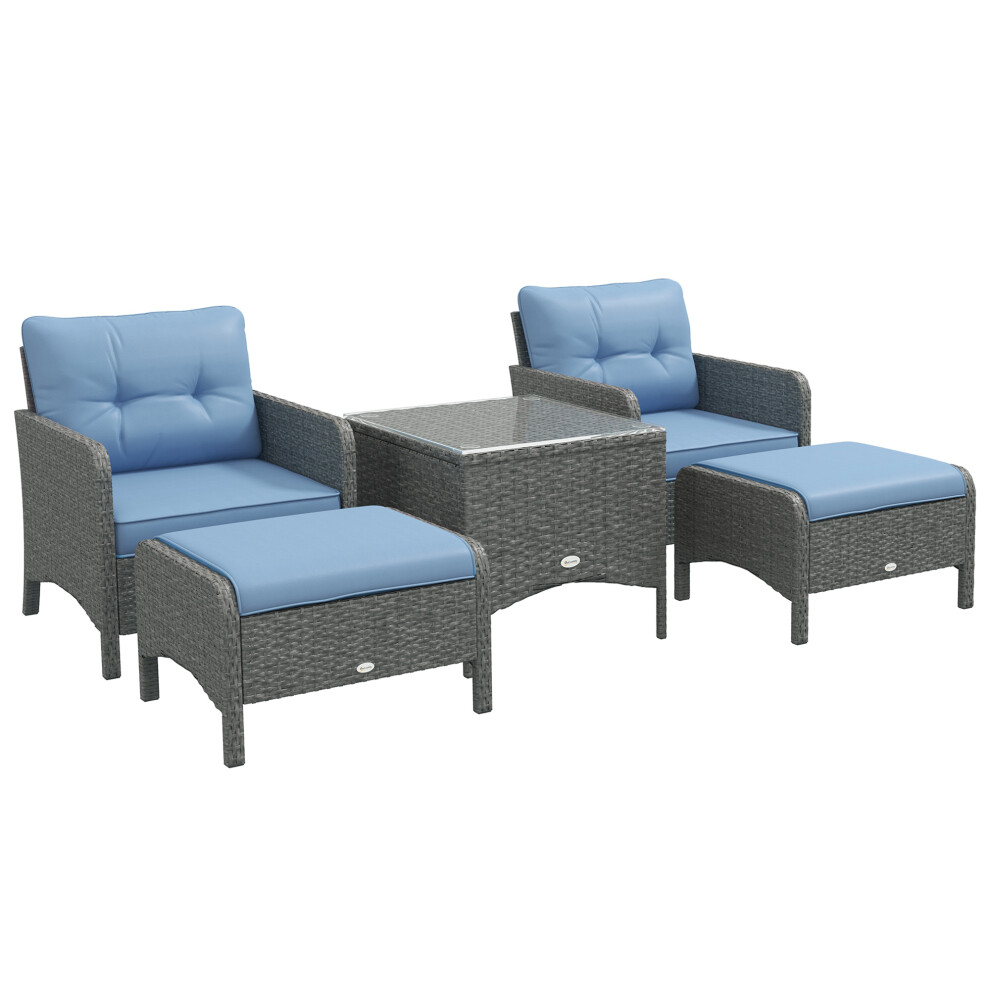 Garden Furniture Set Outsunny 5 Pieces PE Rattan Wicker Outdoor Sofa with 2 Armchairs 2 Stools Glass Top Table Cushions Blue-image-OPC-PMFN8ST-NEW