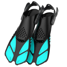 Snorkel Fins Open Heel Adjustable Buckles Short Travel-Size Flippers For Snorkeling Diving Swimming Adult L-XL Sky Blue