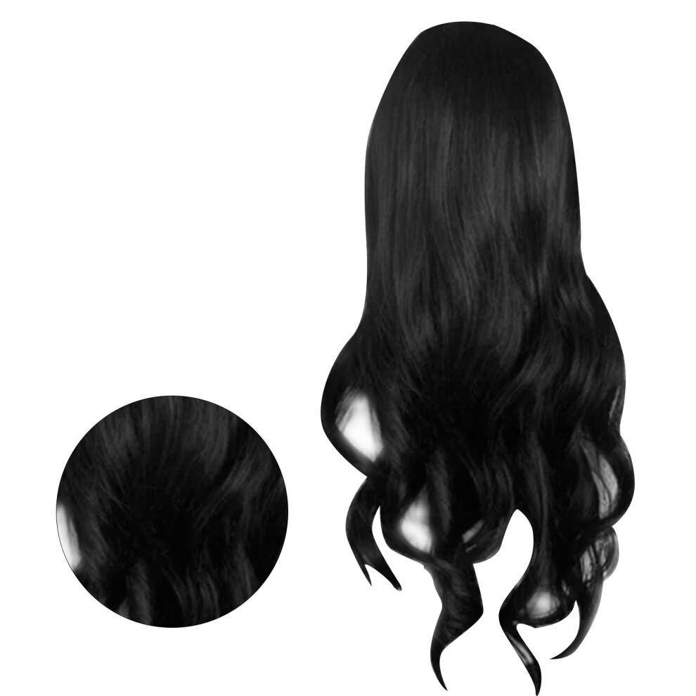 Unisex Black Long Curly Wavy Synthetic Wig With Bangs, 65Cm, Heat Resistant