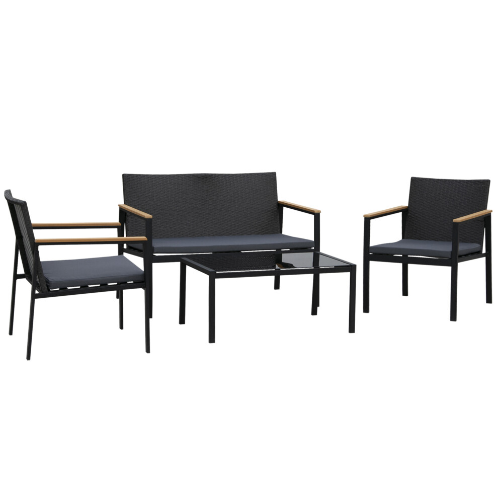 Rattan Garden Furniture Set 4 Pieces - 4 Seater Outdoor Sofa with Loveseat 2 Armchairs & Glass Coffee Table Cushioned Black-image-OPC-PMFP6JX-NEW