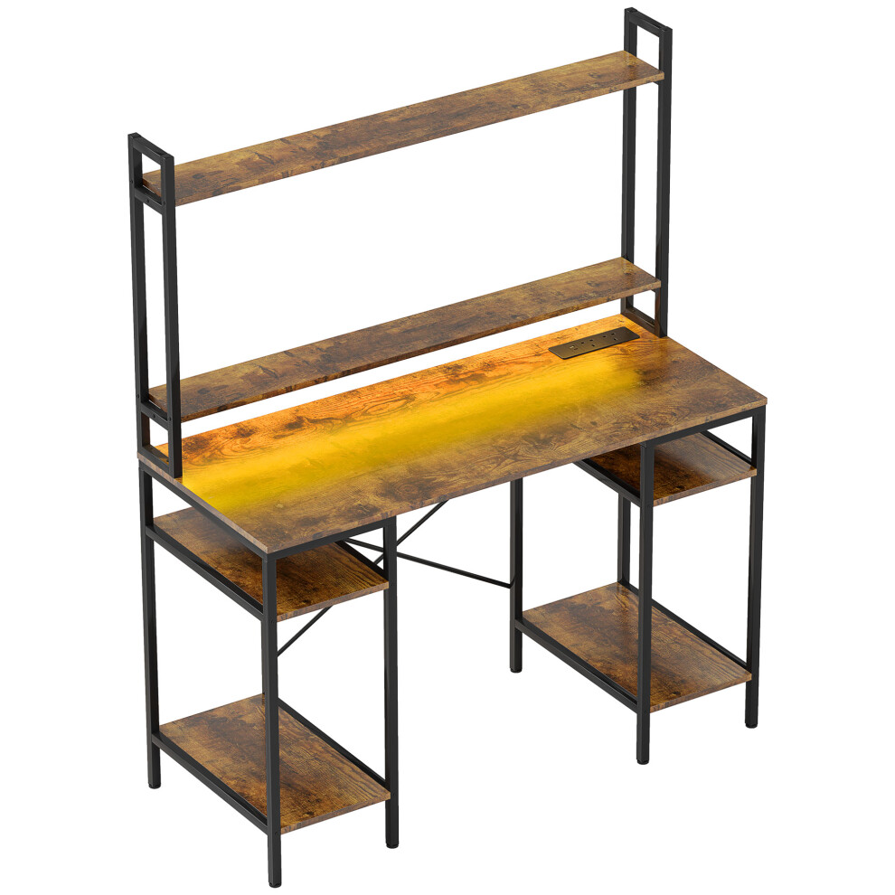 Rustic Brown Computer Desk with Power Outlets LED Lights Monitor Stand & Storage Shelves Ideal for Home Office & Gaming Setup-image-OPC-PMFP6XV-NEW