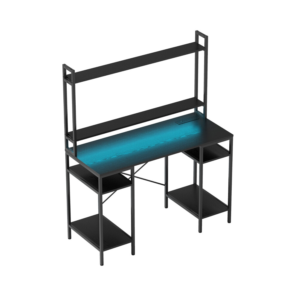 Home Office Computer Desk with Built-in Power Outlets & LED Lighting Monitor Stand 2 CPU Holders Storage Shelves Black-image-OPC-PMFPGJC-NEW