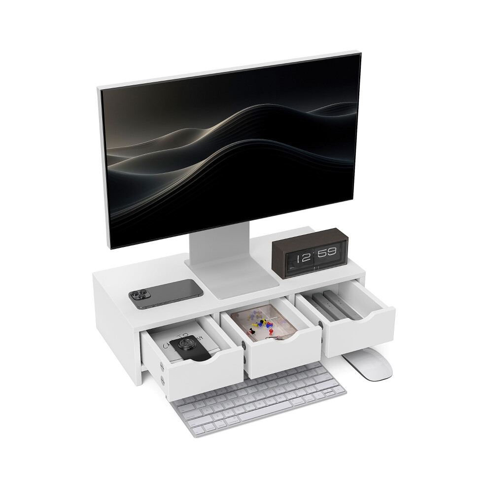 White Computer Monitor Stand With Drawers 51X24x13cm Multi-Functional Desktop Riser For Laptop And Printer