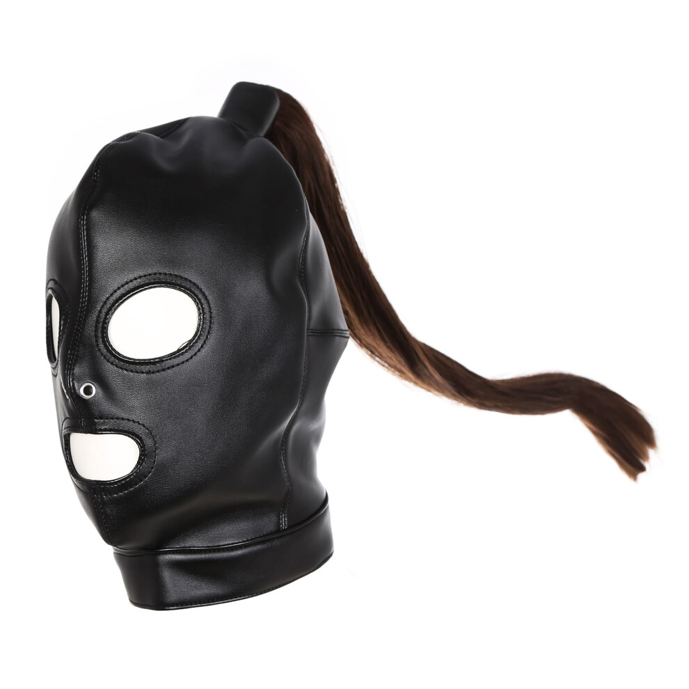 Black Role Play Mask Cosplay Hood With Top Wig Braid Unisex Headwear Handmade Halloween Costume One Size