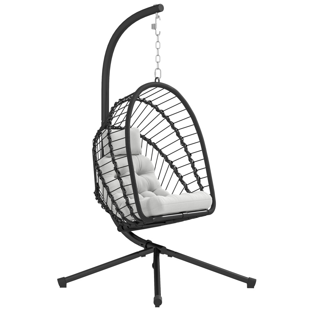 Outdoor PE Rattan Swing Chair with Foldable Basket Cushion Metal Stand Headrest for Indoor & Garden Black-image-OPC-PMFPX7C-NEW