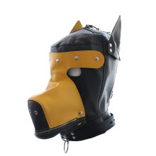 Black PU Head Cover With Adjustable Tie Face For Couple Play Black Head Wrap Full Face Dog Hood Costume Yellow